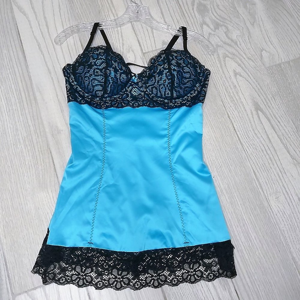 Frederick's of Hollywood Blue Satin Black Lace Slip Dress Corset Tie Back XL